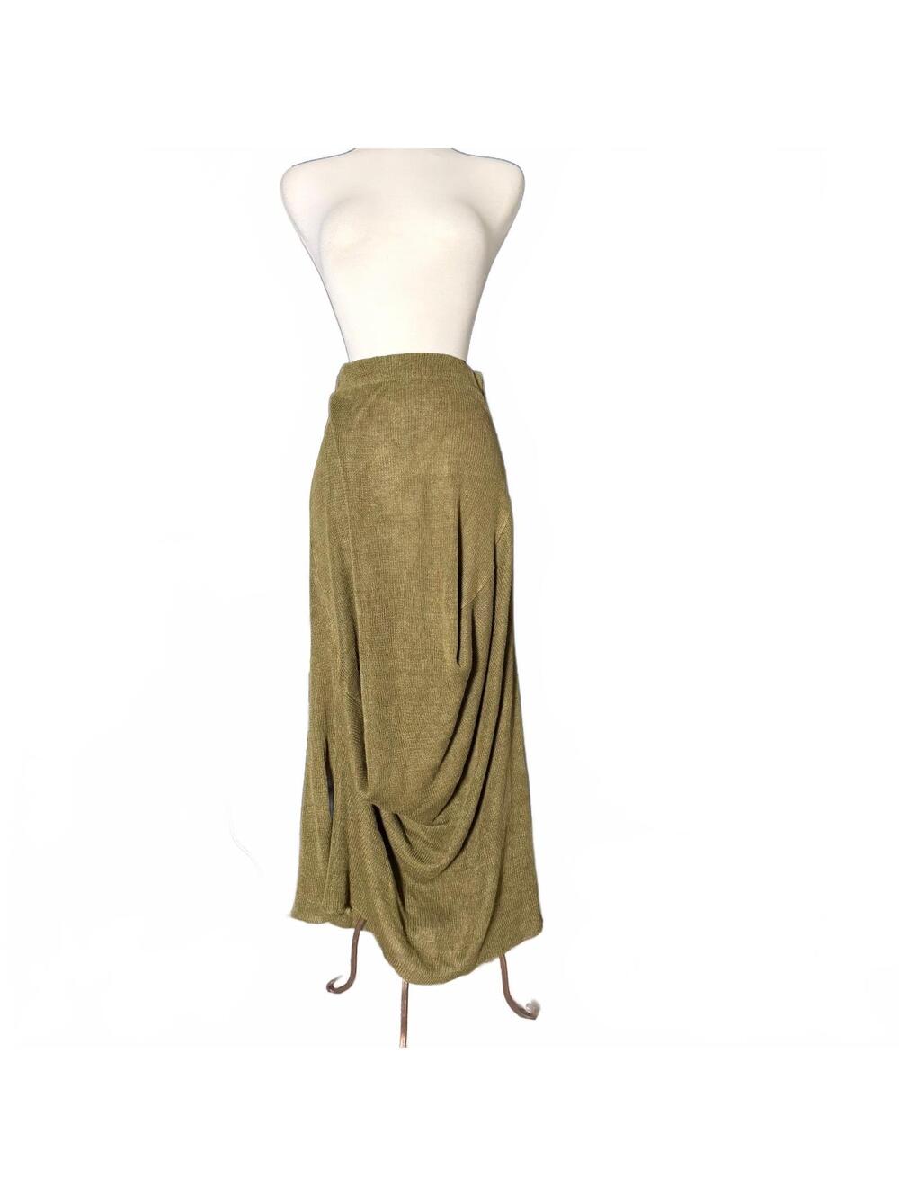 ZUZA BART 100% Linen Maxi Skirt Khaki Green Knit Asymmetrical Draped Lagenlook L